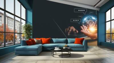 Chatbot chat AI concept, artificial intelligence Businessman using AI smart robot technology inputting commands to analyze data and build something. future technology changes. Wall mural