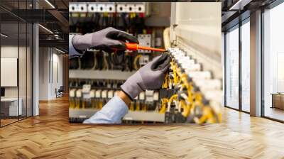 Electricians work to connect electric wires in the system, switchboard, electrical system in Control cabinet. Wall mural