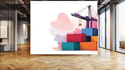 A busy shipping yard with cranes lifting colorful containers, depicted in soft watercolor strokes, blending industrial tones with pastel skies Wall mural