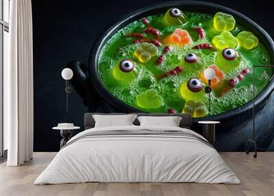 A cauldron of green bubbling punch with gummy worms and eyeball ice cubes Wall mural