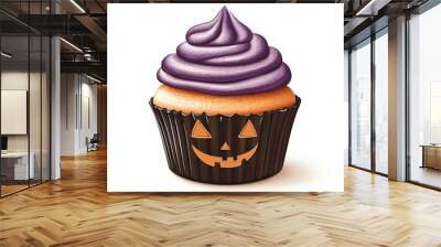 A Halloween cupcake clipart, Halloween element, cute design, purple frosting, isolated on white background Wall mural