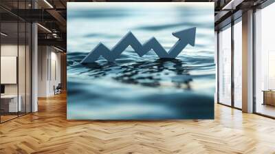 A rising arrow symbolizes growth and success, floating on calm water, representing progress and positive change. Wall mural