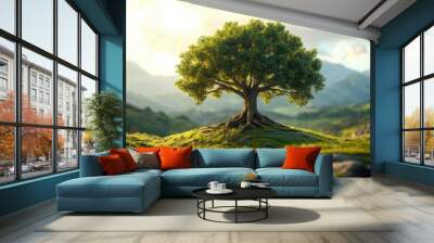 A solitary tree stands majestically in a vibrant landscape, symbolizing nature's beauty and tranquility under a bright sky. Wall mural