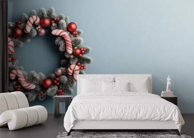 Christmas wreath with candy canes, snowy winter background, 3D illustration Wall mural