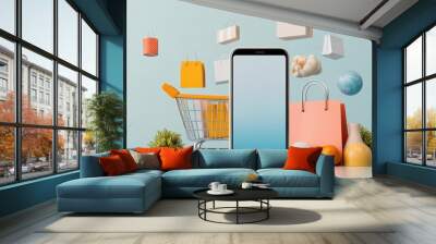 Shopping concept with a smartphone, cart, and colorful items, capturing the essence of online retail and consumer experience. Wall mural