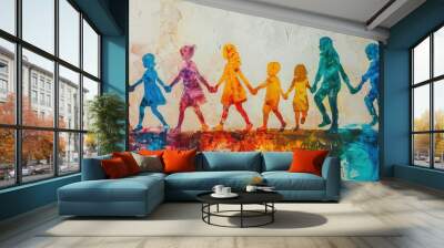 Vivid watercolor silhouettes of children holding hands, symbolizing unity and diversity, with an abstract textured background. Wall mural