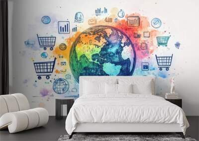 Watercolor art of a globe surrounded by floating e-commerce icons and analytics symbols, global sales, e-commerce trends Wall mural