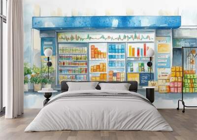 Watercolor artwork of a virtual storefront with flowing lines of data and colorful sales charts, e-commerce storefront, sales performance Wall mural