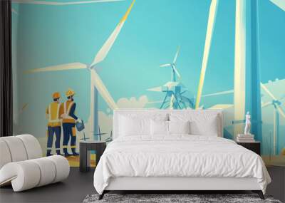 vector of clean renewable and alternative energy from wind turbine, windmill and solar energy generate electricity energy power with maintenance and electrical engineer Wall mural