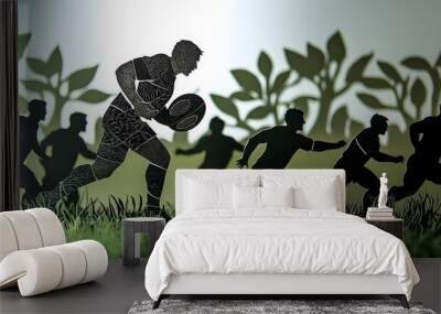 A dynamic layered paper cut style image depicting a rugby player holding the ball while their team engages in an action packed game on the field Wall mural