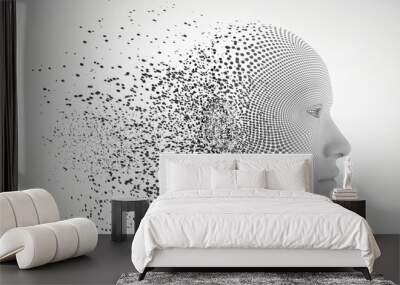 Human head dispersing and disintegrating into particles. 3D vector illustration of fusion between human and artificial intelligence. Wall mural