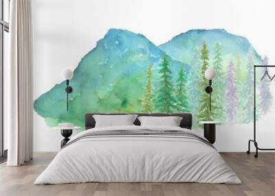 Mountain and pine trees landscape hand drawn watercolor painting isolated on white background illustration art Wall mural