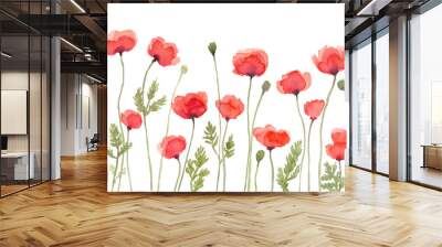 Red Poppy Flowers Watercolor Painting, Hand Drawn and Painted Isolated on White Background Wall mural