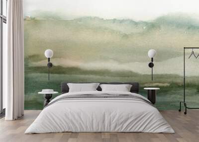 Stormy Green Landscape Watercolor with Clouds and Sky, Hand Drawn and Painted Wall mural