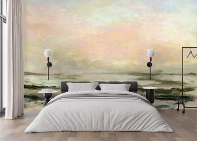 Sunset sea painting of calm hazy ocean beach, hand drawn Landscape . Wall mural