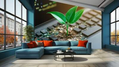 A conceptual image of green plant growing out of computer keyboard, symbolizing fusion of nature and technology.  Wall mural