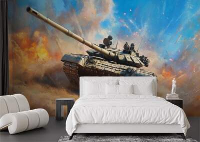 A T90 tank in action, firing its main gun amidst battlefield explosion, creating dramatic scene filled with dust and smoke. Wall mural