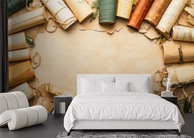 Ancient Scrolls Border: A vintage aesthetic with an aged paper background encircled by rustic parchment scrolls, creating a captivating frame for your message or design. The antique texture and natura Wall mural