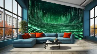 Digital landscape of flowing binary code creates mesmerizing green visual effect. Wall mural