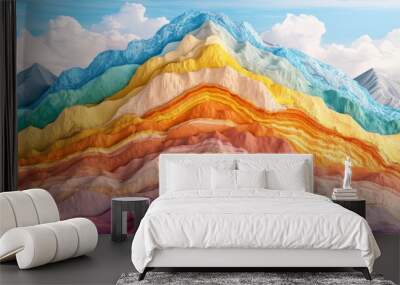 Rainbow Mountains: A stunning abstract painting of vibrant, multi-colored mountains reaching towards a bright blue sky. The scene evokes a sense of wonder and inspiration, perfect for illustrating con Wall mural