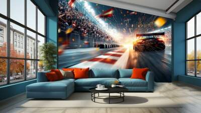 Victory Lap Under a Cascade of Celebration: A race car speeds towards glory, confetti raining down as the crowd roars in this electrifying motorsport victory scene.  Wall mural