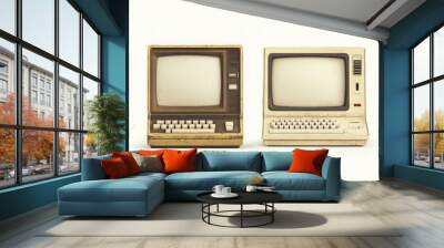 Close-up view of two vintage computers,  side by side,  black and white, with minimalistic white background, a retro tech theme.
 Wall mural