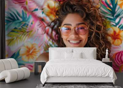 
Create a fashion portrait of a happy Hispanic woman wearing sunglasses, showcasing her style and personality, using a vibrant and colorful background to enhance the mood of the image. Wall mural