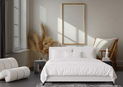 Minimalist room with an empty wooden frame mockup on the wall, natural light from the window, cozy armchair and pampas grass in a vase, neutral color scheme.  Wall mural