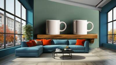 Two white coffee mugs sit on top of an empty wooden shelf, against a green wall.
 Wall mural