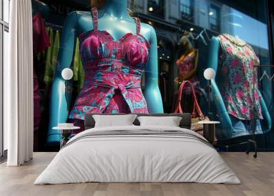 Using a wide-angle lens, capture a close-up shot of a high end fashion store's show window display, emphasizing the reflections and textures of the window glass , vivid color tone. Wall mural