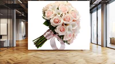 Wedding bouquet of beautiful pink, white, beige flowers and decoration, with isolated white background... Wall mural