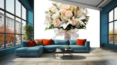 Wedding bouquet of beautiful pink, white, beige flowers and decoration, with isolated white background... Wall mural