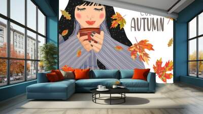 Cozy autumn. Cute horizontal vector illustration of woman with a cup of tea and falling leaves on a white background. Wall mural