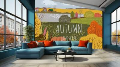 Cozy autumn. Set of cute horizontal flat vector illustration with landscape background, girl with a cup of hot tea and couple in warm shoes Wall mural