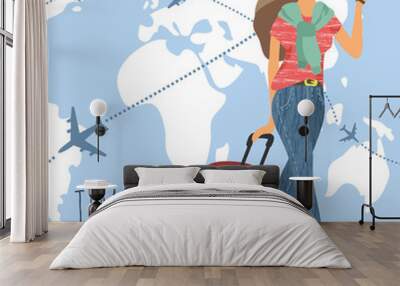 Cute vector illustration with Woman looking at a wristwatch and suitcase against a world map with flying airplanes in the sky . Girl ready to travel Wall mural