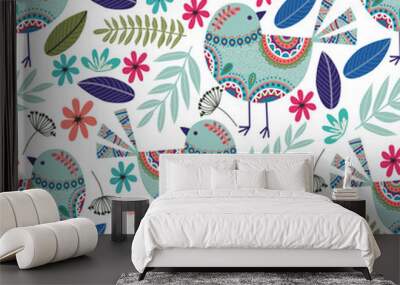 Floral pattern with birds, flowers and leaves on dark background Wall mural