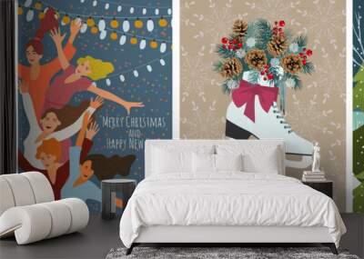 Set of vector christmas cards with gingerbread cookies, children making a snowman, dancing people and skates with fir branches and cones. Cute hand draw illustration Wall mural