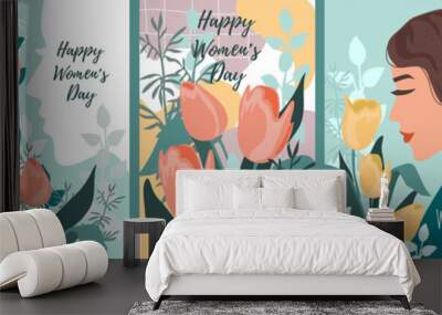 Vector set of illustrations for International Women's Day. Cute cartoon tamplate for cards and posters Wall mural