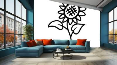 A black and white line art illustration of a sunflower with a detailed center and two leaves. Wall mural