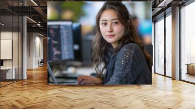 Beauty Asian female programmer using a laptop working in the office Wall mural