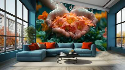 flowers in hand with fresh water Wall mural