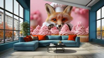 Fox dressed as a pastry chef decorating cupcakes with pink frosting in a bakery Wall mural