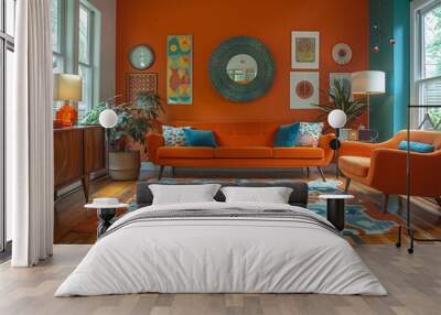 Lively Retro Living Room with Vibrant Orange Decor Wall mural