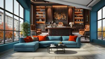 Luxurious home office with rich wood finishes and leather chairs. Wall mural