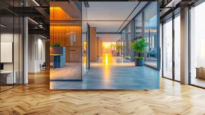 Modern office interior with glass walls, potted plants, and natural light at sunset. Wall mural