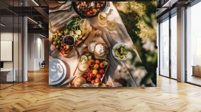 Picnic blanket with delicious food and wine in outdoor, top view Wall mural