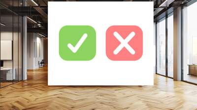 Yes and No or Right and Wrong or Approved and Declined Icons with Check Mark and X Signs in Green and Red Squares Wall mural