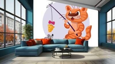 Cat catching mouse on fishing rod with cheese. Illustration with cartoon animals. Wall mural