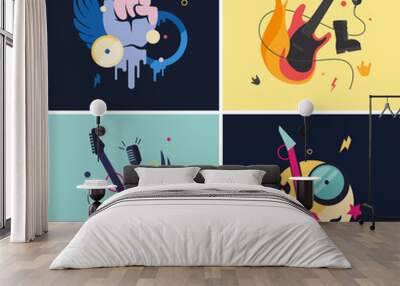 Creative illustrations of rock music. Designs in flat style. Wall mural