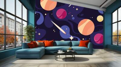 Seamless pattern with planets and comets. Texture with space objects in flat style. Wall mural